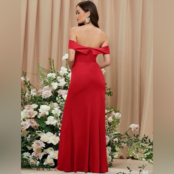 WOMENS RED SLIT OFF THE SHOULDER DRESS - Picture 2 of 4